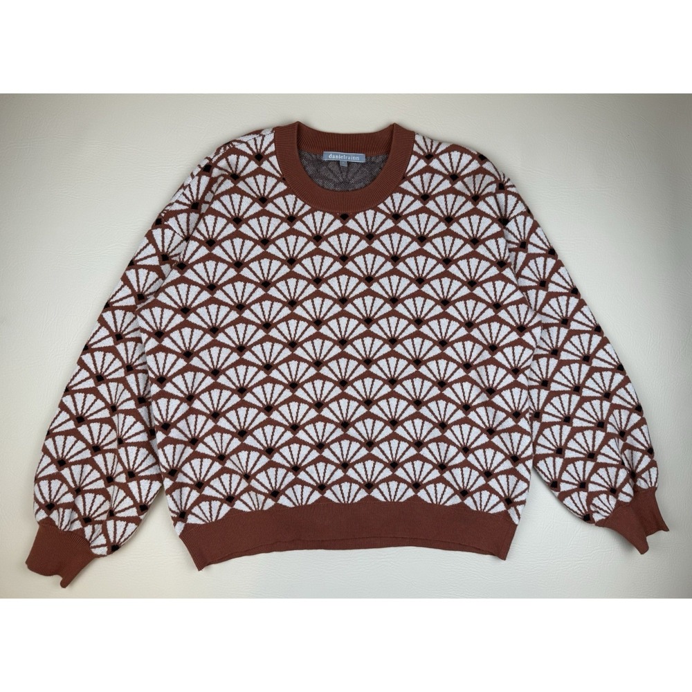 Geometric Retro Mod Sweater Rust Cream Balloon Sleeve XL